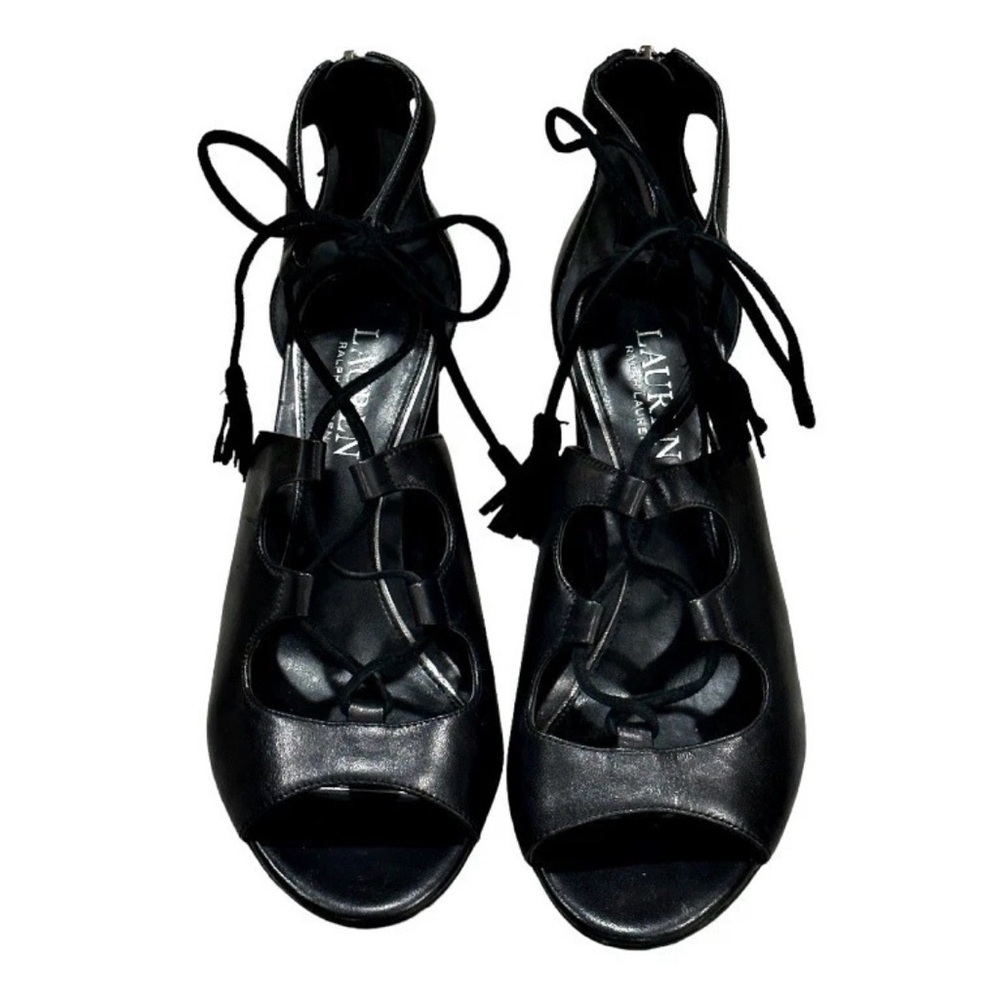 Ralph Lauren Black Leather Heels Size9.5 Tassel Lace-up Open Toe Strappy - Picture 4 of 6
